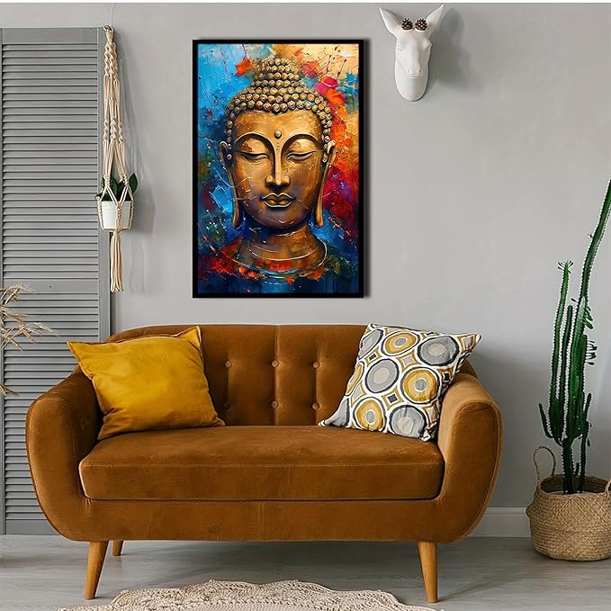 Golden Serenity Buddha Vintage Painting Wall Art Spirituality and Modern Art Wall Decor Adds Brilliance to Vibrant Home Decor 24x36in Metal blackFramed