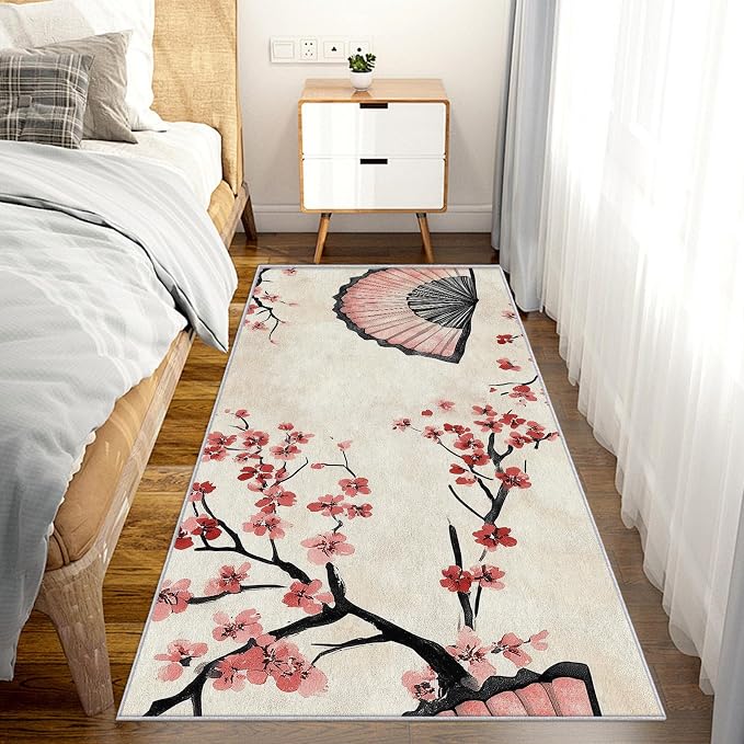 Japanese Cherry Blossom Runner Rug 3x8, Oriental Fan Design, Asian Area Rug, Washable Carpet Runner for Bedroom, Standard Hallways, Kitchen Walkway, Dining Room Sideboard
