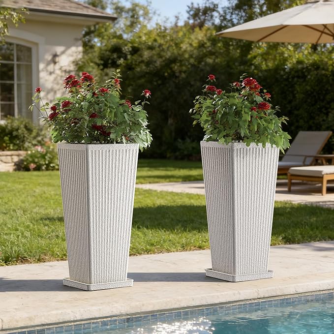 Square Tall Planters for Outdoor Plants Set of 2-23.6" Heavy-Duty Classic Tapered Indoor Flower Pots with Drainage Holes/Partition/Tray, Large Outdoor Planters for Porch Patio Garden, White
