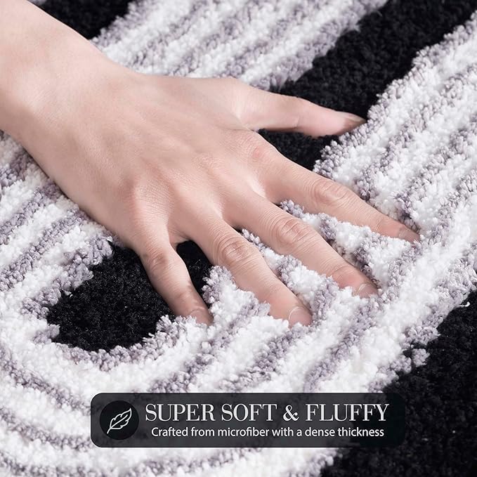 Geometric Design Boho Runner Bathroom Rugs, Long Scalloped Cute Bath Mat Non Slip for Bedroom Kitchen Hallway Laundry Room, Funky Retro Farmhouse Bath Rug Washable, Black/Grey, 51"x20"