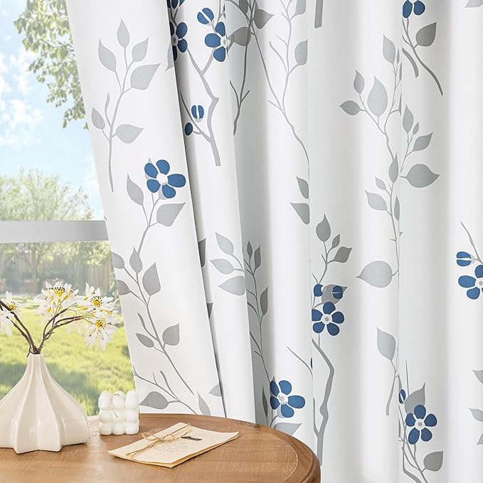 Beauoop Floral 100% Blackout Curtains 63 Inch Length 2 Panels for Bedroom Living Room Blue Grey and White Flower Patterned Room Darkening Thermal Soundproof Rod Pocket Back Tab Window Drapes, 52X63