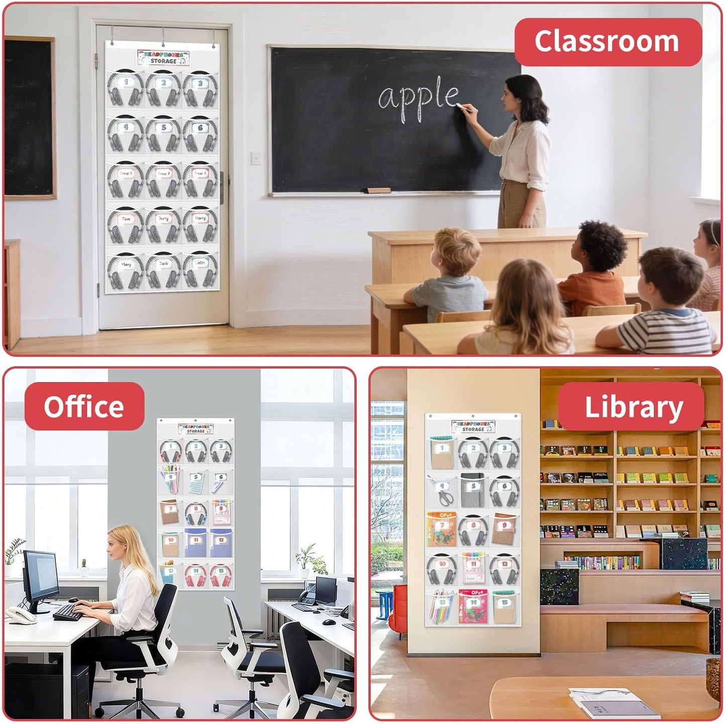 Skiennix Headphone Storage Organizer - 15 Durable Mesh Pockets for Classroom & Library | Includes 61 Cards & 3 Hooks