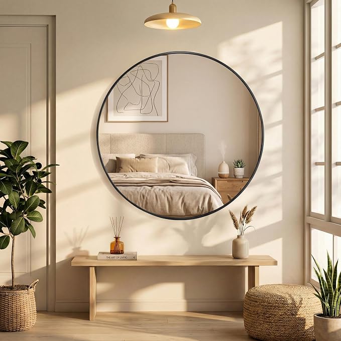 24 Inch Black Round Bathroom Wall Mirror, Round Mirrors for Wall Decor, Circle Mirror for with HD Shatter-Proof Glass for Entryway, Living Room, Bedroom, Dressing Room, Home Decor