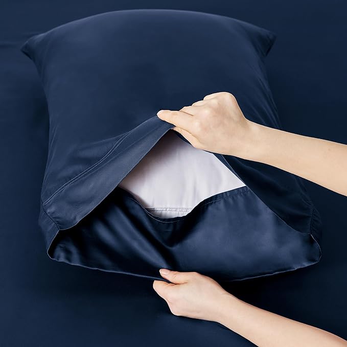 Bedsure Cooling Sheets Twin XL, Rayon Derived from Bamboo, Breathable & Soft Twin XL Sheet Sets, Deep Pocket Up to 16 Inches, Hotel Luxury Silky Dorm Bedding for Hot Sleepers, Navy