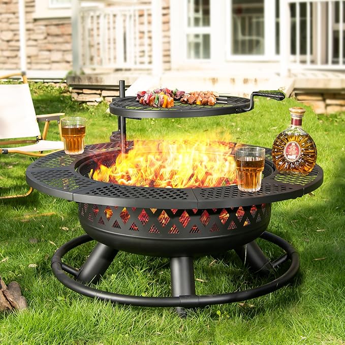 Panovue 36 Inch Fire Pit with Grill,Wood Burning Fire Pits for Outside with Lid& Fire Poker,Round Metal Firepit Table 3 in 1 with Cooking Grate,Outdoor Firepits for Yard Patio Bonfire Camping(Black)