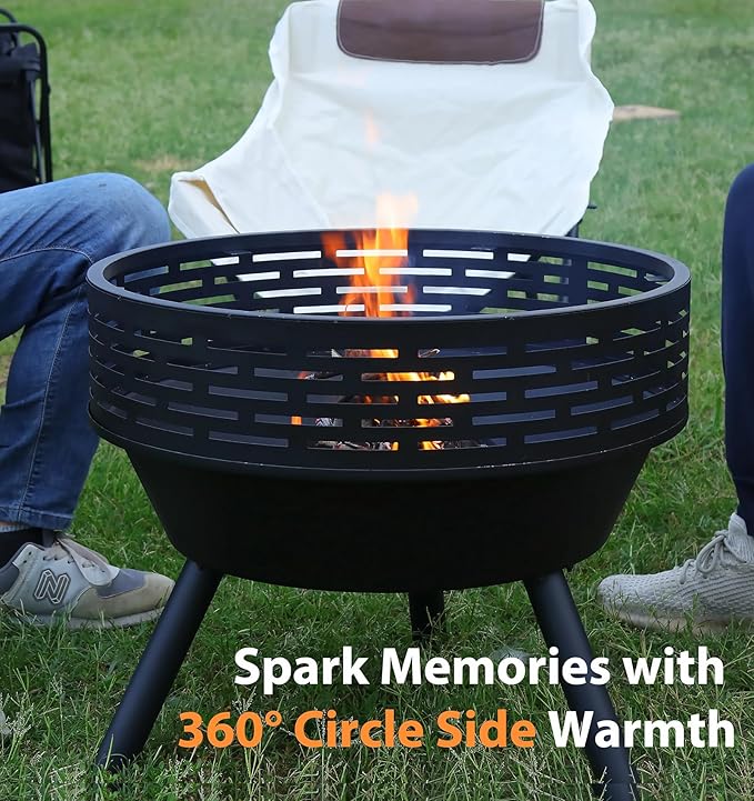 PWSOMJ 23 Inch Cast Iron Round Fire Pit with Grill, 3-in-1 Outdoor Fire Bowl, Fire Pit Table with Metal Lid and Fire Poker, Wood Burning Firepit for BBQ Bonfire Patio Picnic