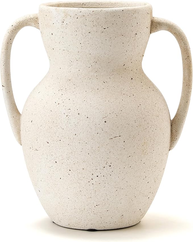 White Ceramic Rustic Vase with 2 Handles, Farmhouse Round Flower Vase, Vintage Terracotta Vases for Home Decor, Wedding, Living Room, Table, Shelf Decor - 8.6 Inch Tall, Speckled White