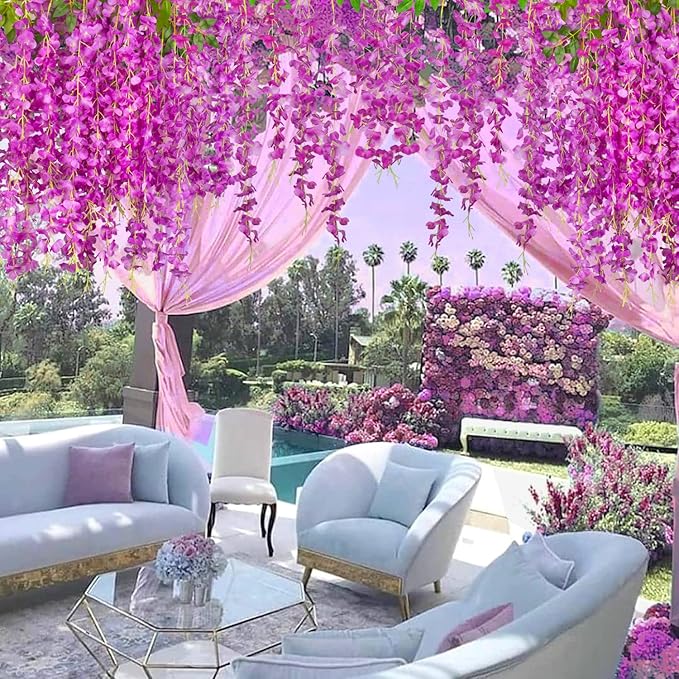 12 Pack Artificial Flowers Silk Wisteria Vine Ratta Hanging Flower (Purple)