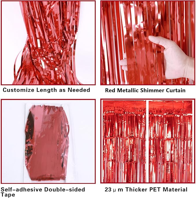 2 Pack Red Metallic Tinsel Foil Fringe Curtain, 3.2Ft x 8.2Ft Tinsel Curtain Party Photo Backdrop Streamers for Door Wall Window Curtains Background Birthday Christmas Valentines Day Decorations