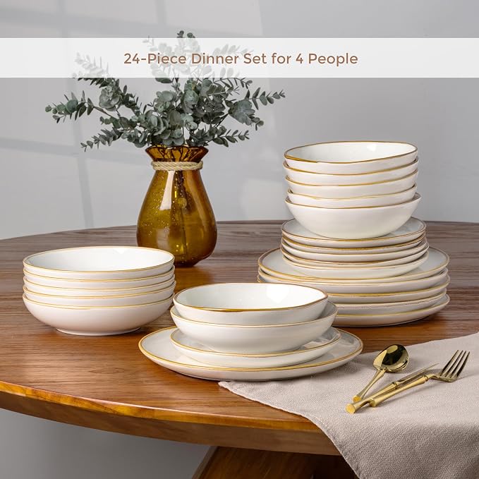 AmorArc Ceramic Dinnerware Sets,Handmade Reactive Glaze Stoneware Plates and Bowls Sets,Highly Scratch Resistant | Dishwasher & Microwave Safe Dishes Set,Service for 6 (24pc)(with Pasta bowls)