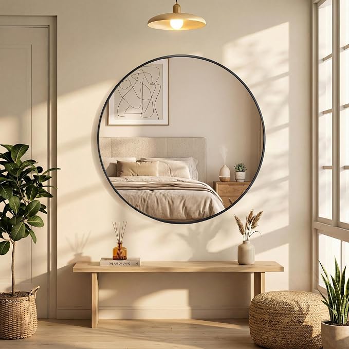 20 Inch Black Round Bathroom Wall Mirror, Round Mirrors for Wall Decor, Circle Mirror for with HD Shatter-Proof Glass for Entryway, Living Room, Bedroom, Dressing Room, Home Decor