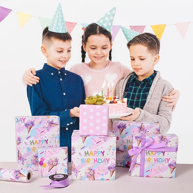 Altarho Reversible Ice Cream Wrapping Paper Roll for Kids Girls Women - 17 Inch x 20 Feet - Pink Summer Happy Birthday and Polka Dot Design Gift Wrap for Baby Shower Party Total 28.5sq.ft