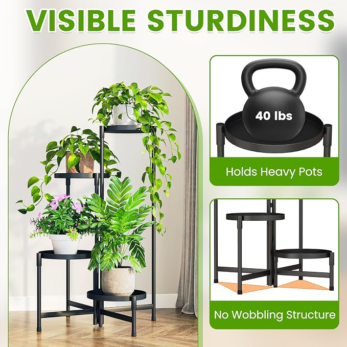 Plant Stand Indoor Outdoor, 4 Tier Corner Metal Flower Display Holder Shelf, Folding Tall Orchid Rack for Patio Balcony Porch Garden Living Room House, Black