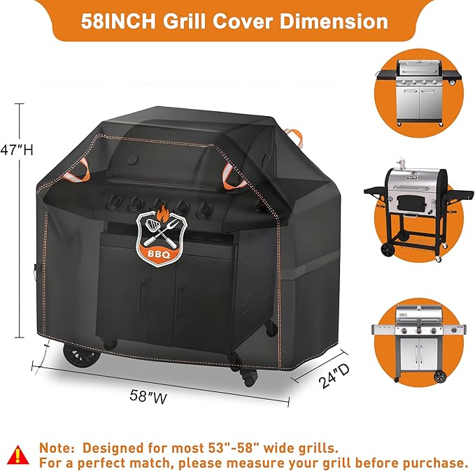 Kinetrail Grill Cover, Universal 58" BBQ Grill Cover for Outdoor Grill, Waterproof, Weather Resistant, Fade Resistant Gas Grill Cover with Adjustable Double Straps for Weber, Char-broil, Nexgrill, etc