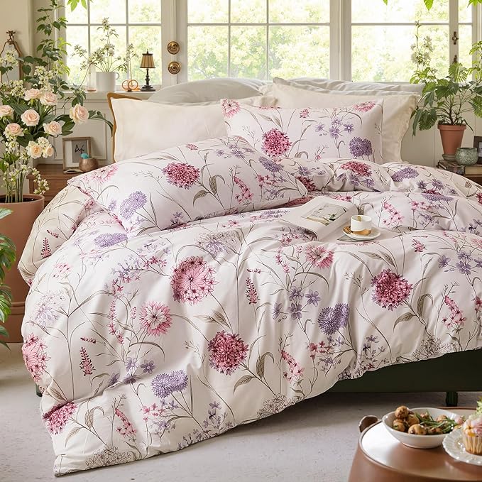 Bedding_Dreamer King Floral Comforter Set 100% Cotton Comforter 3 Pcs Red Pink Flower Bedding Set Lightweight Soft Reversible Bedding for All Season
