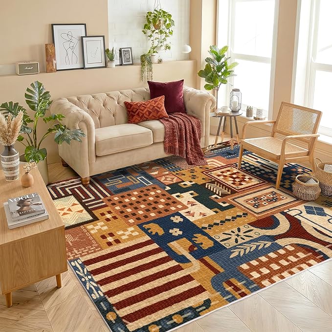Washable 5x7 Area Rugs for Living Room, Abstract Geometric Tribal Colorful Throw Carpet, Washable Non Slip Low Pile Indoor Rug for Bedroom Dining Room Office Home Hardwood Floor