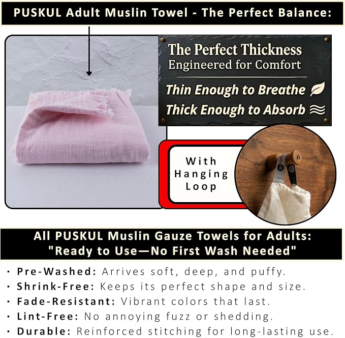 PÜSKÜL - Premium 2-Piece Oversized Muslin Bath Towel for Adult 35x70 Extra Large Bath Sheets | Natural 100% Turkish Cotton Soft Absorbent Quick-Dry Thin Spa & Beach Towels (Pack of 2, Light Pink)