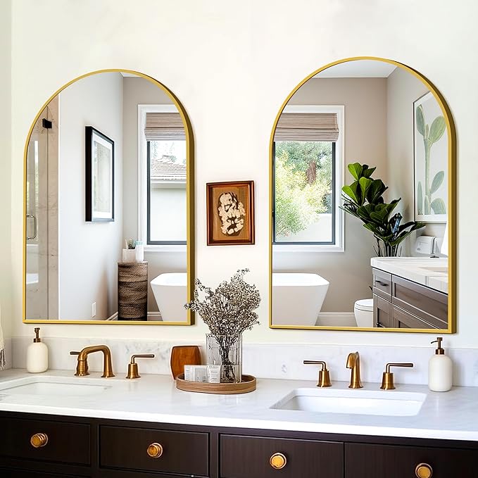 FICTOR Bathroom Mirror for Wall, Arched Vanity Bathroom Mirror for Over Sink, Metal Framed with HD Shatter-Proof Glass for Entryway, Living Room,Bedroom(2 Pack 24”x 36”, Gold)