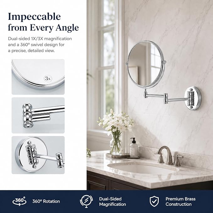 7Trees 8-Inch Retro Bathroom Folding Wall Mount Make-Up Mirror Flip Telescopic Beauty Mirror (Chrome)