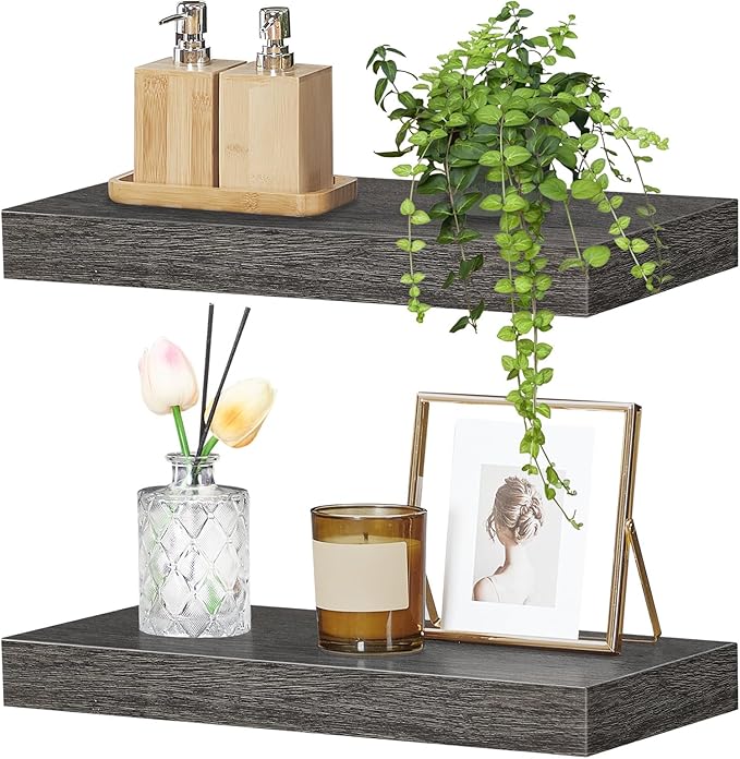 HOOBRO Floating Shelves for Wall, Wall Mounted Shelf Set of 2, 15.7" Hanging Shelf with Invisible Brackets, for Wall Decor Storage in Bathroom Bedroom Kitchen Livingroom Office, Charcoal Gray BC40BJ01