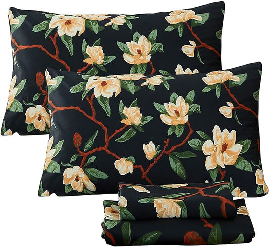 FADFAY Sheets Set King Shabby Black and Yellow Floral Bedding Elegant Peony Sheets Set Vintage Farmhouse Bedding Soft 100% Egyptian Cotton 800 Thread Count Deep Pocket Fitted Sheet, 4Pcs-King Size