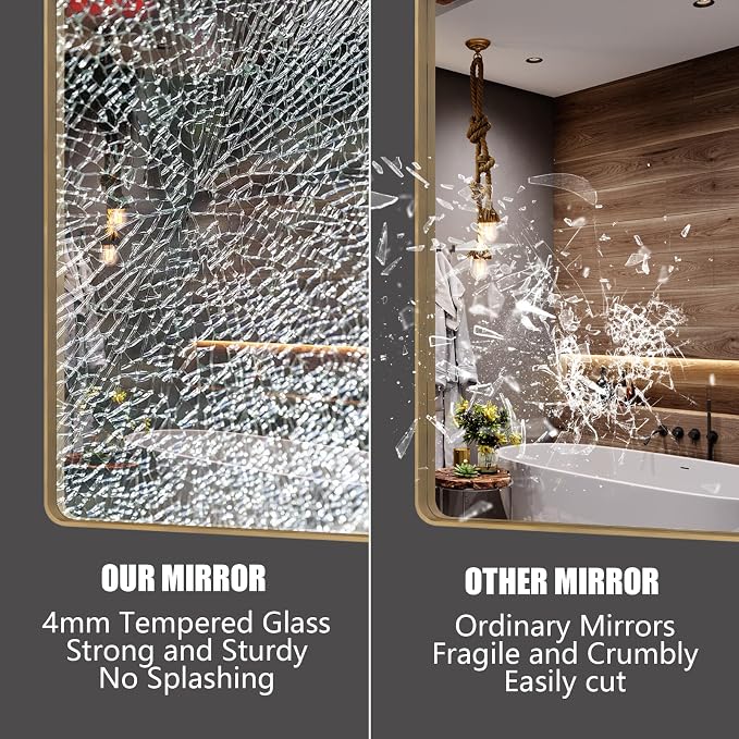 66x36 Inch Gold Bathroom Mirror, Brushed Metal Frame Gold Vanity Mirror, Large Rectangle Mirror for Wall, Rounded Corner, Shatterproof, Anti-Rust (Horizontal/Vertical)
