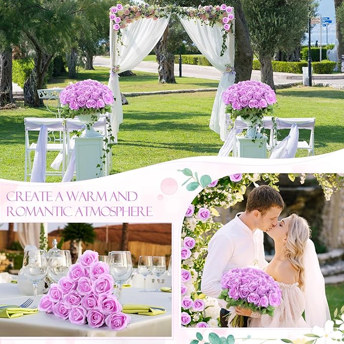Jexine 50 Pcs Artificial Rose Flower Bulk Realistic Silk Fake Roses with Long Stem Plastic Artificial Flower Bouquet Real Looking for Home Wedding Centerpieces Party Decoration(Light Purple)