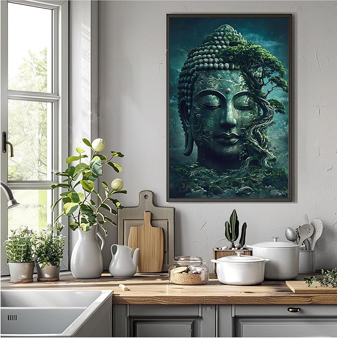 Buddha statue wall art canvas wall decor aesthetic picture mystical nature art for tranquil home and spiritual space 12x18in Metal blackFramed