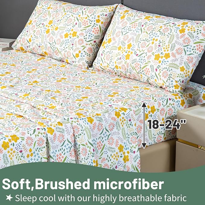 Bedlifes Queen Size Extra Deep Pocket Sheet Sets - Fits Mattresses Up to 18-24" Thick, 4-Piece Microfiber Set with 1800 Thread Count, Soft, Smooth, Breathable, Featuring Floral