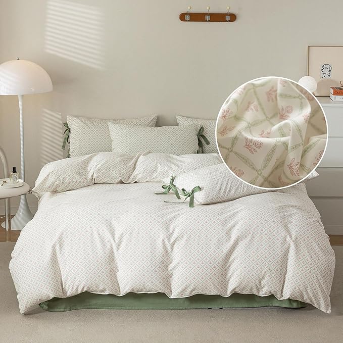 Pink Floral Duvet Cover Twin Chic Plaid Grid Duvet Cover 100% Cotton Floral Cottagecore Bedding Set for Girls Women Vintage Country Bedding Blooming Flower Comforter Cover with 2 Bowknot Pillowcases