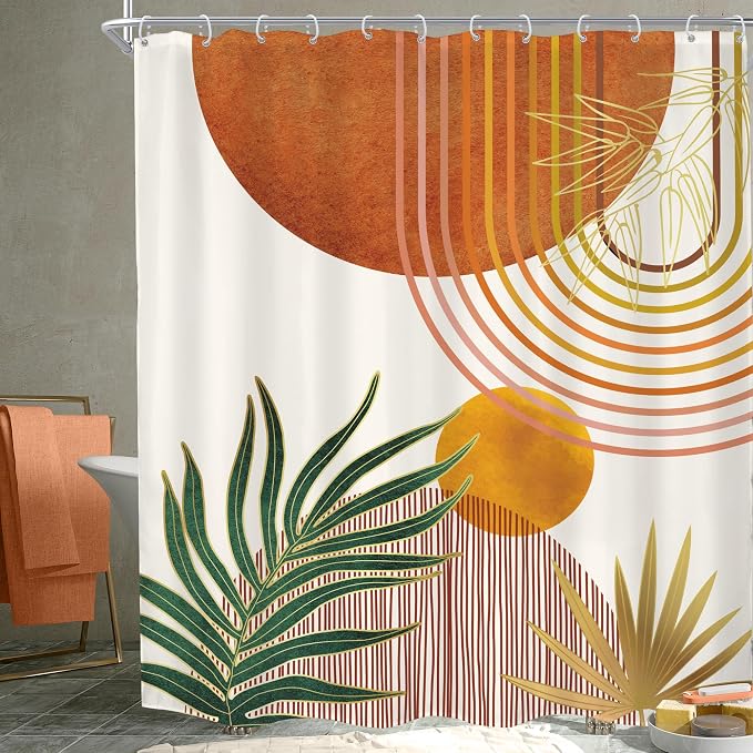 KOMLLEX Mid Century Orange Boho Shower Curtain for Bathroom Decor 72Wx84H Inches Abstract Retro Gold Minimalist Modern Arch Geometric Neutral Fabric Waterproof Polyester 12 Pack Hooks Pack Hooks
