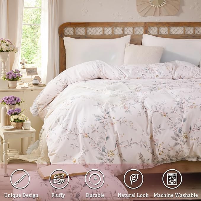 Duvet Cover Set King Size 3-PC Chic Garden Floral Ultra Soft 100% Long Staple Cotton Comforter Cover, Reversible Breathable Duvet Cover with Zipper Closure, Lightweight, All Season