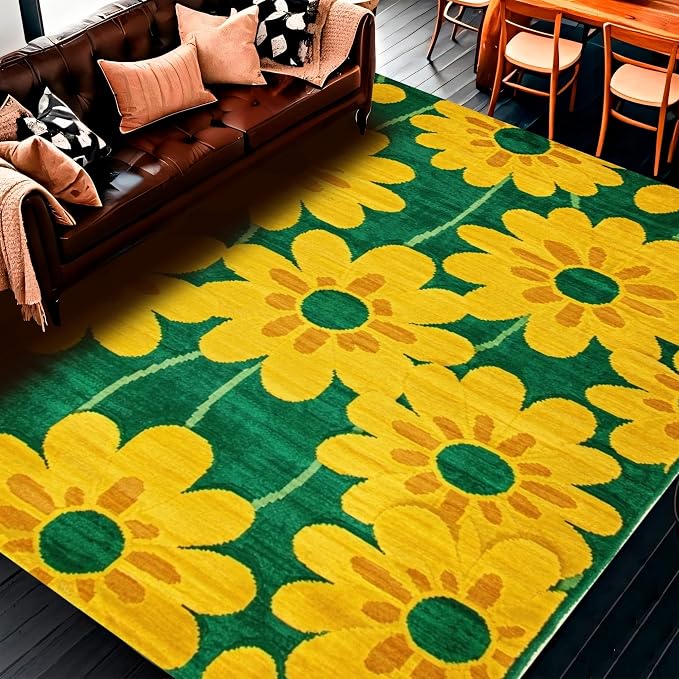 Flatwoven High Traffic Area Rug 5x7, Retro Floral Kitschy Bloom Design, Non Slip, Stain Resistant, Washable Area Rugs for Living Room, Bedroom (Yellow, 5x7)
