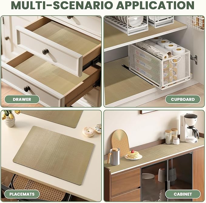 Drawer Liner and Shelf Liner for Kitchen Cabinet Liner Non-Adhesive Non-Slip Shelf Paper, Thick Strong Grip Waterproof Easy to Clean for Shelves, Cupboard, Desks, Khaki, 12 in x 10 FT