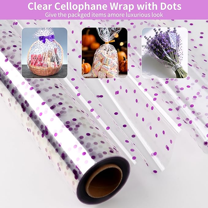 CMFYHM Clear Cellophane Wrap Roll with Violet Polka Dots | 34" x 100’ | 3 Mil Transparent Cellophane Roll,Cellophane Wrap for Lavender theme Baskets, Gifts, Treats,Crafts, Thanksgiving Day ,Halloween Wrapping