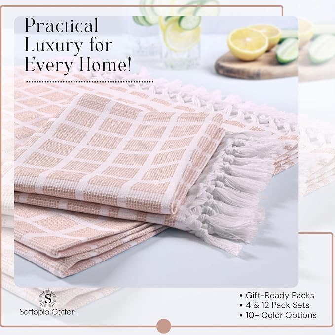 Matrix Dobby Kitchen Towels Set of 12, 100% Cotton, Combo Pack, 16"x26", Absorbent Tea Towels with Handmade Tassels, Reusable Cleaning Cloths - Beige, Forest Green, Grey