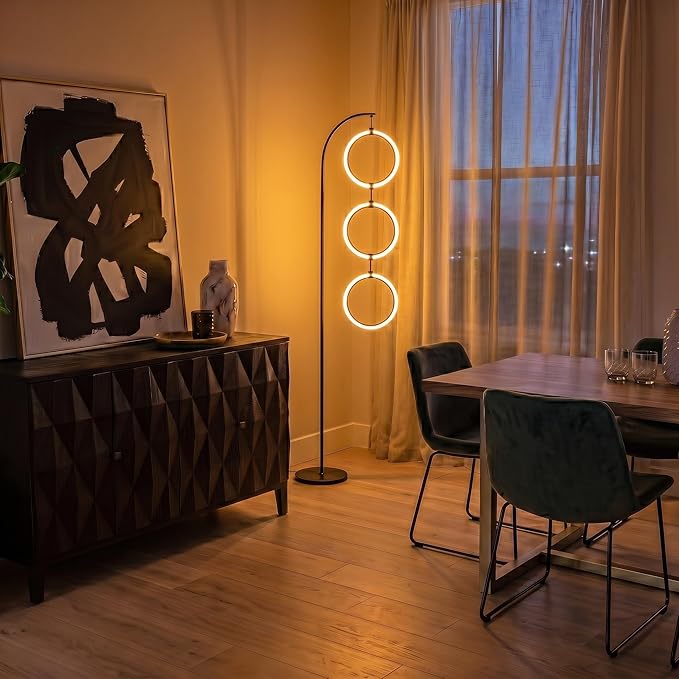 Brightech Nova Modern Floor Lamp Matches Living Room Décor - Contemporary Arc Tall Lamp with 3-Circle Ring-Style Pendant - Over The Couch Standing on Arching Pole - Eclectic- Black