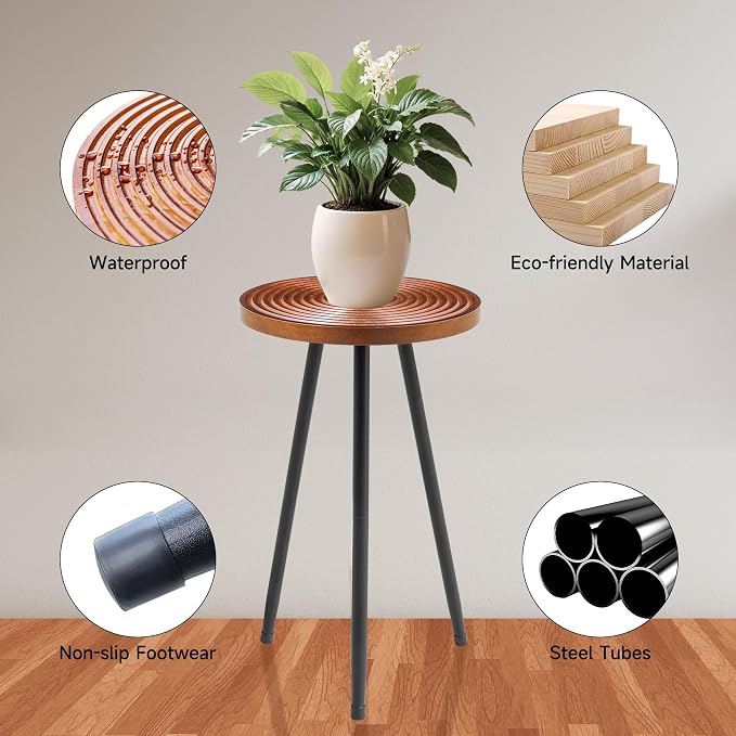 Lawn Social Tall Plant Stand Indoor, 20" Mid Century Modern Plant Table, Wood & Metal Plant Holder for Flower Pots, Round Small Side Table for Living Room Bedroom Balcony Decor, Walnut (11.4"x20")