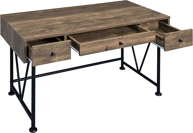 Coaster Furniture Analiese Farmhouse 3 Drawer Home Office Writing Desk Black Metal Base Rustic Oak Brown 802541