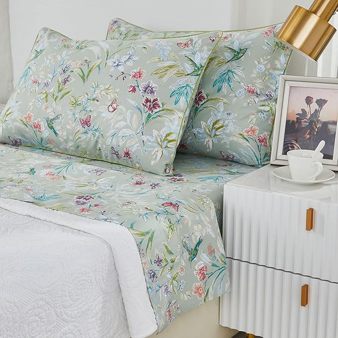 Brandream Garden Style Butterfly Floral Bedding Elegant Watercolor Painting Farmhouse King Size Bed Sheets Set Luxury Bedding Collections 800TC 100% Egyptian Cotton Deep Pocket, 4Pc Green