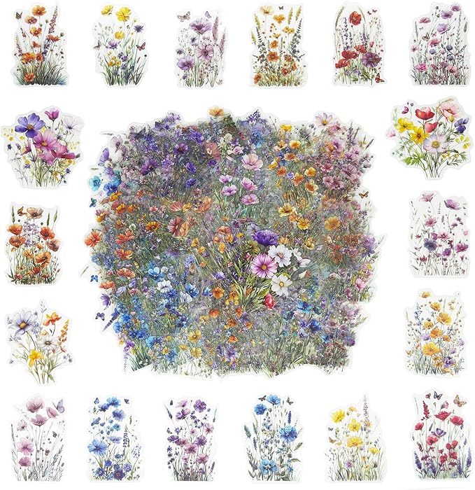 Obujopal 160 Pcs Wildflower Stickers, Waterproof Botanical Stickers for Scrapbooking Junk Journal Notebook Planner Card Making Collage Envelope Phone Case Craft Projects