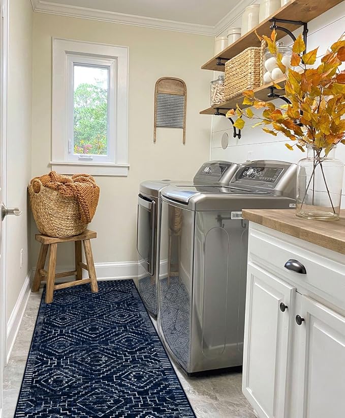 Wonnitar Washable Runner Rug for Kitchen, 2'6"x8' Moroccan Blue Hallway Carpet Runner, Non-Slip Long Geometric Rustic Entryway Floor Runner Soft Throw Mat for Bedroom Bathroom Closet (Blue,2'6"x8')