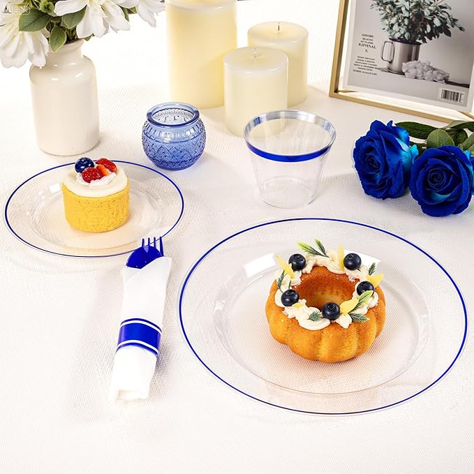 SUT 175 Pcs Blue and Clear Plastic Dinnerware Set for 25 Guests, Include: 25 Dinner Plates, 25 Dessert Plates, 25 Pre Rolled Napkins With Silverware, 25 Cups, Disposable Plates for Party, Wedding