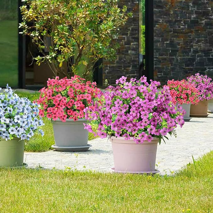 Artificial Flowers Outdoor Faux Plants UV Resistant Fake Patio Flowers Plastic Greenery Plnats Outside Bulk for Spring Garden Hanging Planter Home Vase Decor, 12 Bundles (Purple)