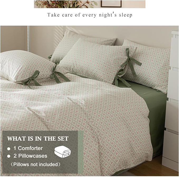 VM VOUGEMARKET Green White Comforter Set Queen with Red Flower Plaid Prints,3 Pieces Cottagecore Bedding Set,Aesthetic 1 Comforter with 2 Bowknot Pillowcases for Girls Women 90x90 Inch