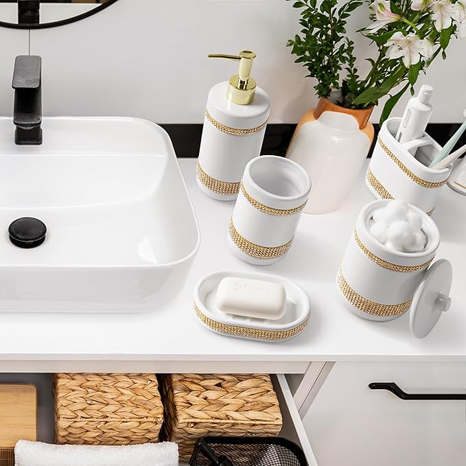 RQYIXI Bathroom Accessories Set with Diamonds 5 Pieces Toothbrush Holder Soap Dispenser Ceramic Bathroom Accessory Set Contain Cotton Swab Jar Toothbrush Cup Soap Dish Tumbler