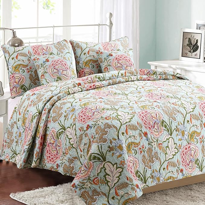 Cozy Line Home Fashions Blooming Red White Floral 100% Cotton Reversible Quilt Bedding Set, Coverlet Bedspread (Camellia Green, King - 3 Piece)