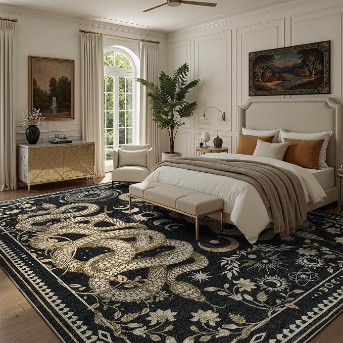 DCX Washable 6x9 Snake Rug, Black Gothic Rug for Living Room, Soft Low Pile Carpet, Kid & Pet Friendly with Rubber Back Non Slip, Stain Resistant Rug for Bedroom Dining Room Office