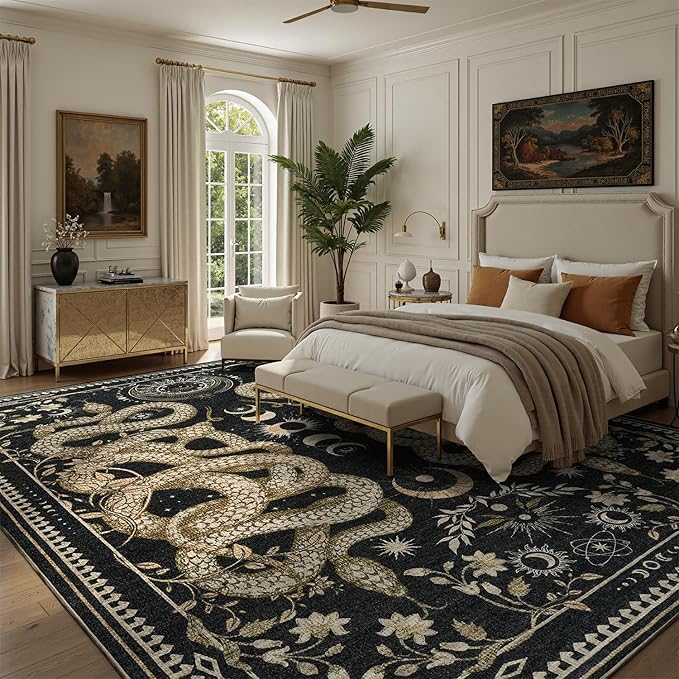 DCX Washable 4x6 Snake Rug, Black Gothic Rug for Living Room, Soft Low Pile Carpet, Kid & Pet Friendly with Rubber Back Non Slip, Stain Resistant Rug for Bedroom Dining Room Office