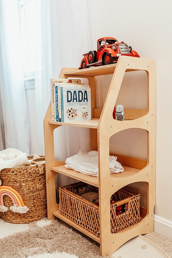 WOOD&ROOM Montessori Bookshelf for Toddlers - Toy Storage Shelf Organizer for Nursery, Playroom and Classroom - Floor Bookshelf for Kids - Small Display Rack for Books and Toys - Wooden Kids Bookcase